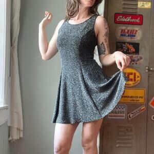Vintage 90s Silver Mini Dress | Metallic Knit Mod Fit & Flare | Size XS/S